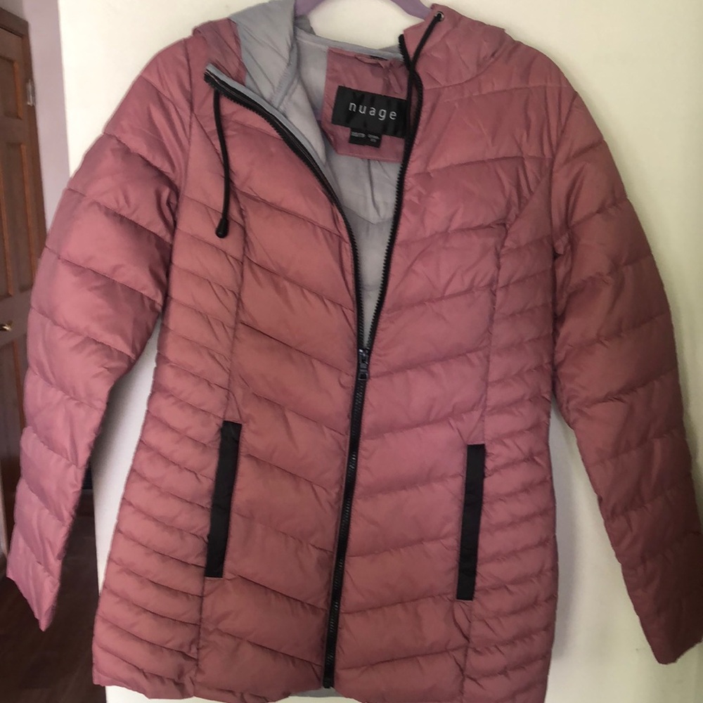 Pink and Gray Puffer Jacket with Hood